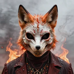( ( ( ( ( hyperrealist distant portrait of a man wearing a skull fox mask in hell where it rains fire and smoke. ) ) ) ) ) by nychos, fantasy, photorealistic, octane render, unreal engine, dynamic lighting, trending on artstation, poster, volumetric lighting, very detailed faces, 4 k, award winning