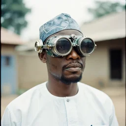 an analogue photo of an Traditinal igbo man wearing futuristic mecha steam punk goggles, 35mm, f/1.4,