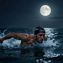 michael phelps swimming in the pacific ocean, closeup, portrait, moonlit, dark, ominous, illustration, volumetric light, highly detailed