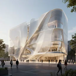 parametric facade designed by zaha hadid with people walking, cinematic, ray traced, octane render, cinematic lighting, vfx film, ultrarealistic, featured on artstation, 8 k