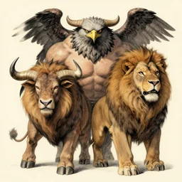 a mighty strong creature with the body and eyes of a man with the beak of an eagle the mane of a lion and the horns of an ox. drawn by boris val