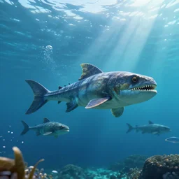 underwater view of prehistoric ocean predators, octane render, cinema 4 d, light rays, cinematic lighting, golden ratio, underwater photography, realistic, volumetric lighting, wildlife documentary, by greg rutkowski