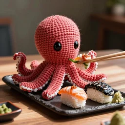 a crochet octopus that is eating sushi, crochet octopus eating sushi, photo realistic, indoor lighting
