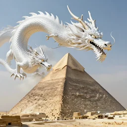 luxurious white japanese dragon hovering side of a cyberpunk egyptian pyramid, daytime, by greg rutkowski, james jean, peter mohrbacher, rule of thirds, sigma look, beautiful, intricate, majestic, award winning