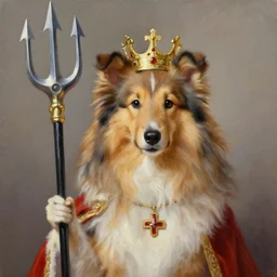 portrait sheltie as king with crown and trident, oil painting
