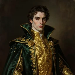 vampire in dark green golden noble clothes, realistic painting, artstation, cinematic, dramatic lighting