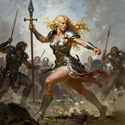 A full length portrait of a very beautiful blonde slavic berserker woman, running into battle by Frank Frazetta, Greg Rutkowski, Boris Vallejo, epic fantasy character art, goddess of war, Exquisite detail, post-processing, low angle, masterpiece, cinematic