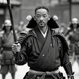 will smith, a fearselles samurai in 1 9 3 0's japanese samurai movie, dramatic scene, storycal, detailed, black and white, will smith samurai