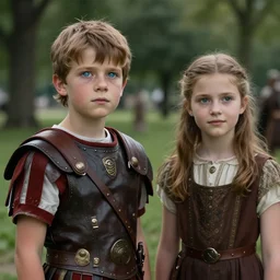 sharp, highly detailed, still from a 2 0 1 9 sci fi 8 k movie, time travelers appear in a park, a boy from the roman empire and a girl from 1 8 7 0, each wearing correct era clothes, atmospheric lighting, in focus, reflective eyes, 3 5 mm macro lens, nice composition