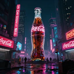 a cyberpunk city with crazy neon coca - cola signs in an apocalyptic atmosphere, photorealistic, 4 k