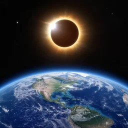 stars, solar eclipse, looming over the earth, hdr, high detail, sharp focus, painting by gustave dore and vincent van gogh and claude monet and thomas kinkade and kuniyoshi utagawa, aizome, masterpiece, rich texture, rich vivid color