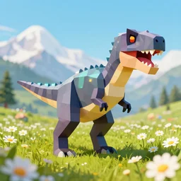 lowpoly ps 1 playstation 1 9 9 9 glowing tyrannosaurus standing in a field of daisies, swiss alps in the distance digital illustration by ruan jia on artstation
