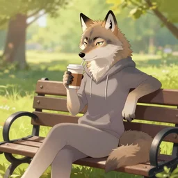 furry artwork of female furry wolf sitting on a park bench enjoying a coffee, sunny day, furry art, furry, furaffinity, deviantart furry, anthro,