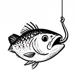 black and white vintage illustration of fish head with a hook in mouth, red scratches over eye, on white background