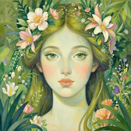 an illustration of a beautiful garden forming the face of a beautiful goddess, painted by moebius and james jean