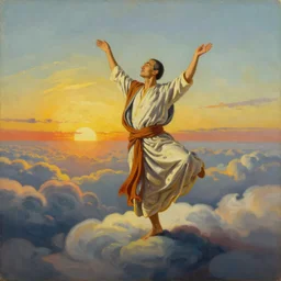 A Sufi dancing above the clouds at golden hour, oil painting by Salvador Dali