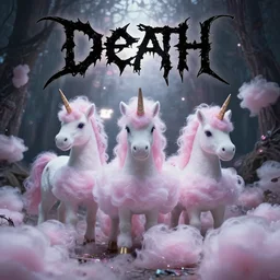 death metal album cover featuring fluffy unicorns and cotton candy