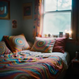 agfa vista 4 0 0 photograph of a cluttered 9 0 s teenagers psychedelic 1 9 6 7 rock hippie bedroom, waves ripple color light, synth vibe, window, bed, surrealistic pillow, blur, lsd color patterns, vaporwave colors, lens flare, moody lighting, telephoto, lsd vibe, blurry background, grain, tranquil, calm, lsd hallucinations