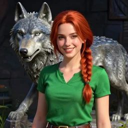 an insanely detailed realistic depiction of smiling beautiful leah from stardew valley standing in front of chiseled wolf statue, green shirt, auburn hair, french braid, in the style of peter mohrbacher, artgerm, dramatic lighting and composition, octane render, trending on artstation, concept art 8 k