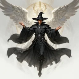 a highly detailed illustration of Hiroyuki Sanada as wizard wearing ornate black robe and mage hat, dramatic floating pose, with divine guardian angel floating behind him, intricate, elegant, highly detailed, centered, digital painting, artstation, concept art, smooth, sharp focus, league of legends concept art, WLOP