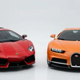 a red lamborghini and an orange bugatti veyron facing eachother