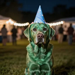 night time dslr photo of a green labrador wearing a party hat in a country side party at night, bokeh depth of field, nikon lens