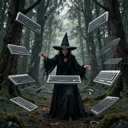 a witch in the woods controls floating computer keyboards, Beksinski, MC Escher, very coherent symmetrical artwork. cinematic, hyper realism, high detail, octane render, 8k