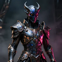 a sci fi quarter - length portrait of a shadow demon wearing ornate armor made of sci fi metal plates, cinematic lighting, high detail, dark fantasy, unreal engine, octane render, by vitaly bulgarov artstation, realistic metal reflections, fog volumes, hard surface character pinterest, vivid color glow, post processing, cgsociety