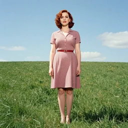full body portrait of christina hendricks in the style of bill medcalf, green grass, blue sky with a few clouds, retro, 1 9 5 0, 4 k, detailed, 1 / 3 headroom, rule of thirds