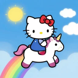 Hello kitty riding a unicorn over a rainbow,