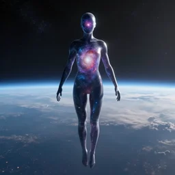 faceless human-like being that has a galaxy look flying through space with a light in the horizon, realistic, 8k,