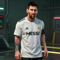 Messi as a cyberpunk, cyberpunk 2077, realistic, 8K, detailed, film grain,