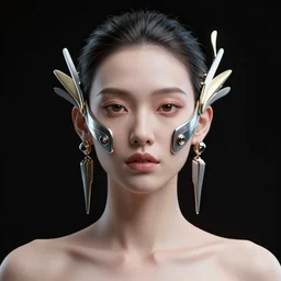 hyper detailed symmetrical 8 k octane render full body portrait of a woman wearing futuristic abstract facial jewellery. black background.