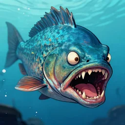 dynamic macro head portrait of terrifying fish monster, movie poster called swim deep comic, illustration, photo real