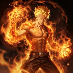 character art by artgerm, young man, blonde hair, on fire, fire powers