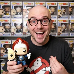 an extremely happy nerdy balding guy surprised in front of his collection of funko pop, showing a female ghostbuster funko pop, realistic photo