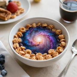 a picture of a morning breakfast table with a cereal bowl with a nebula inside, highly intricate and colorful nebula