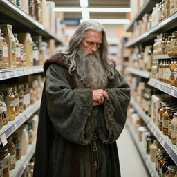 photo of Gandalf stacking supermarket shelves, depressing, sad, 85mm f1.8