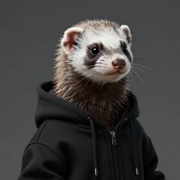 a furry anthropomorphhic ferret wearing a black hoodie, hyperrealistic, octane render, artstation