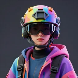 full portrait of a post modern hybrid fashion model with an exuberant tactical bio helmet, colorful, octane render, vray, detailed, halftoned, editorial illustration, matte print, grainy light, ( ( dither ) ), risograph, high contrast, screen print, grainy texture