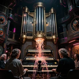 music pouring from the organ, full shot, photo, volumetric lighting, epic composition, intricate details, dark neon punk, by denis villeneuve , Greg Rutkowski and Alphonse Mucha