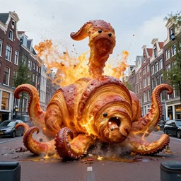 a giant croissant monster with tentacles exploding in the middle of amsterdam, photorealistic, ultra high resolution, ultra detailed