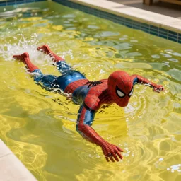 spider - man swimming in pool with yellow water, 4 k realistic photo