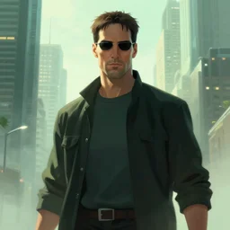battle hardened, overpowering, pragmatic, charismatic character from the matrix, face centered portrait, confident, modern cityscape, outdoors, architecture, fog, sunny, volumetric lighting, illustration, perfectly shaded, greenish tinge, cold lights soft painting, art by krenz cushart and wenjun lin