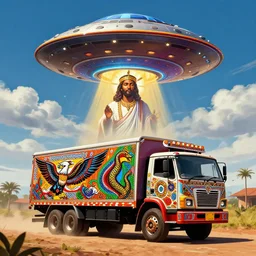 UFO hovering over an African Jesus , clouds, colorful, in the style of Nigerian truck art (Eagle & Snake, Kano),