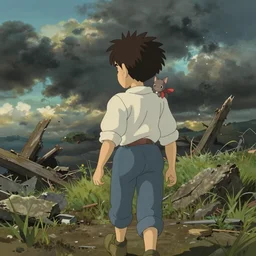 Boy wandering with small creature on shoulder, made by Studio Ghibli, cinematic lighting, destroyed landscape, storm behind, highly detailed art, beautiful scene, artstation trending, sharp focus, smooth, artgerm