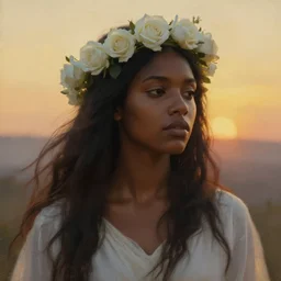 oil painting close up portrait of a contemplative young black celtic woman with long dark flowing hair in a white dress, wearing a crown of white roses!! at sunset, hazy, digital art, chiaroscuro, artstation, cinematic, golden hour, digital art painting by greg rutkowski, william - adolphe bouguereau, hazy atmosphere, cinematic lighting