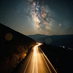 a 2 8 mm macro aerial photo of car lights on a winding mountain highway, long exposure at night with the milky way in the sky, splash art, movie still, bokeh, canon 5 0 mm, cinematic lighting, dramatic, film, photography, golden hour, depth of field, award - winning, anamorphic lens flare, 8 k, hyper detailed, 3 5 mm film grain, hazy