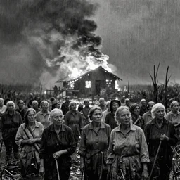movie still of a crowd of elder women in a swamp by night with a heavy burning house, heavy smoke, cinestill 8 0 0 t 3 5 mm b & w, heavy grain, high quality, heavy rain