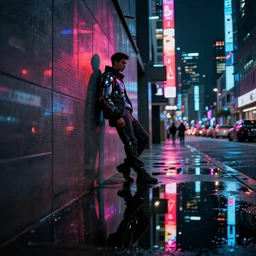 a cyberpunk cyborg leaning on an alley wall in future tokyo at night, reflections on wet ground by sachin teng and pascal blanche nekro josan gonzalez rhads ruan jia. in style of digital art. cinematic lighting, film noirs, symmetry, vibrating colors, hyper detailed. octane render, artstation, clear, sharp, straight lines